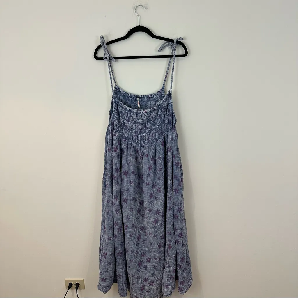 Free People Tie Shoulder Azure Shirred Maxi Sundress In Lilac Temp Size XL Blue - Image 2