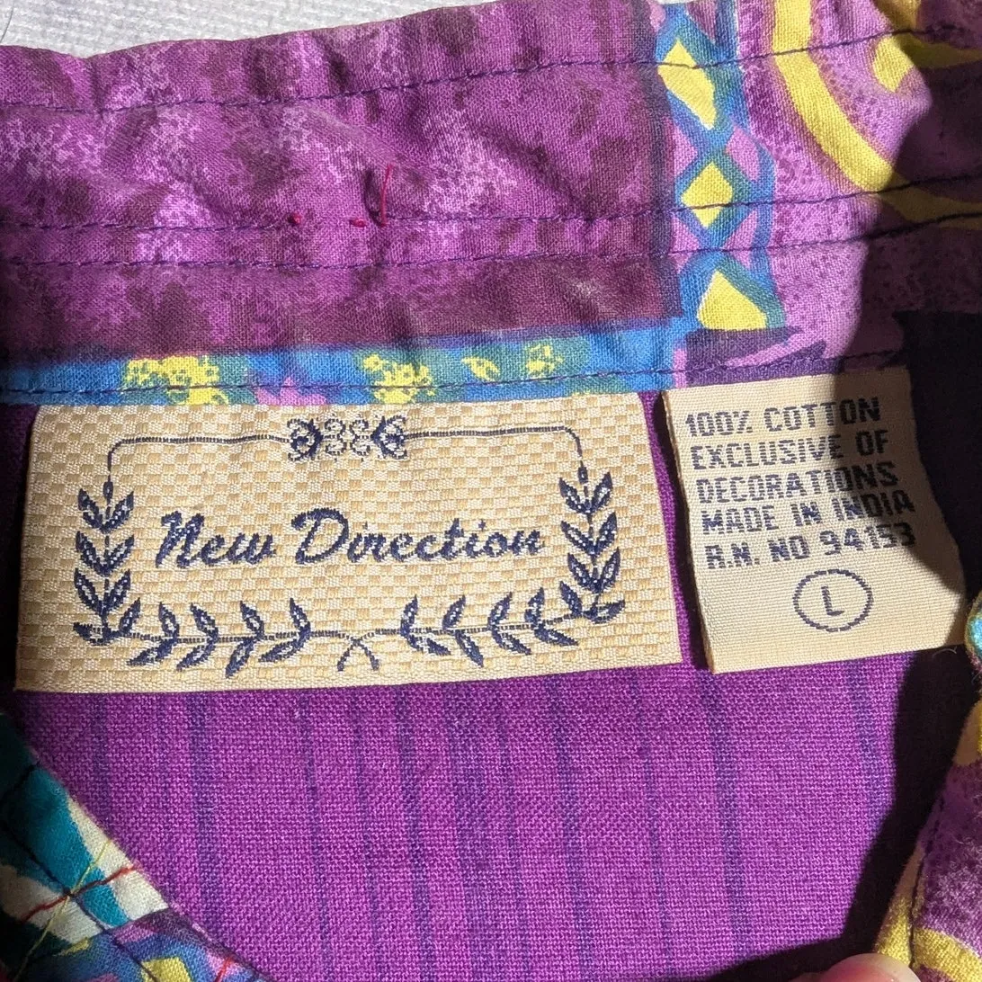 Vtg 1990s New Direction Blue Purple Patchwork Floral Mandarin Collar Jacket Sz L Size L - Image 3