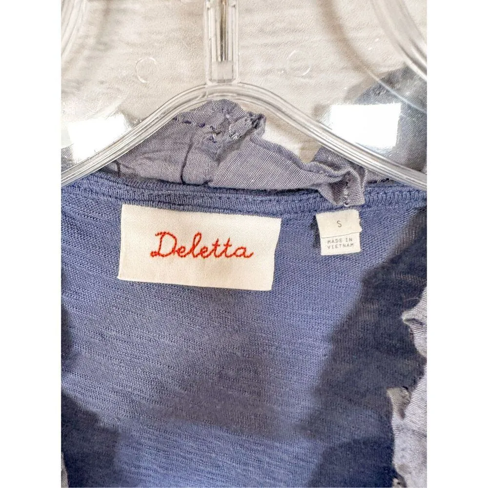 Deletta Women's Cotton Sleeveless Ruffle Front V Neck Tank Top Blue Gray Small - Image 5