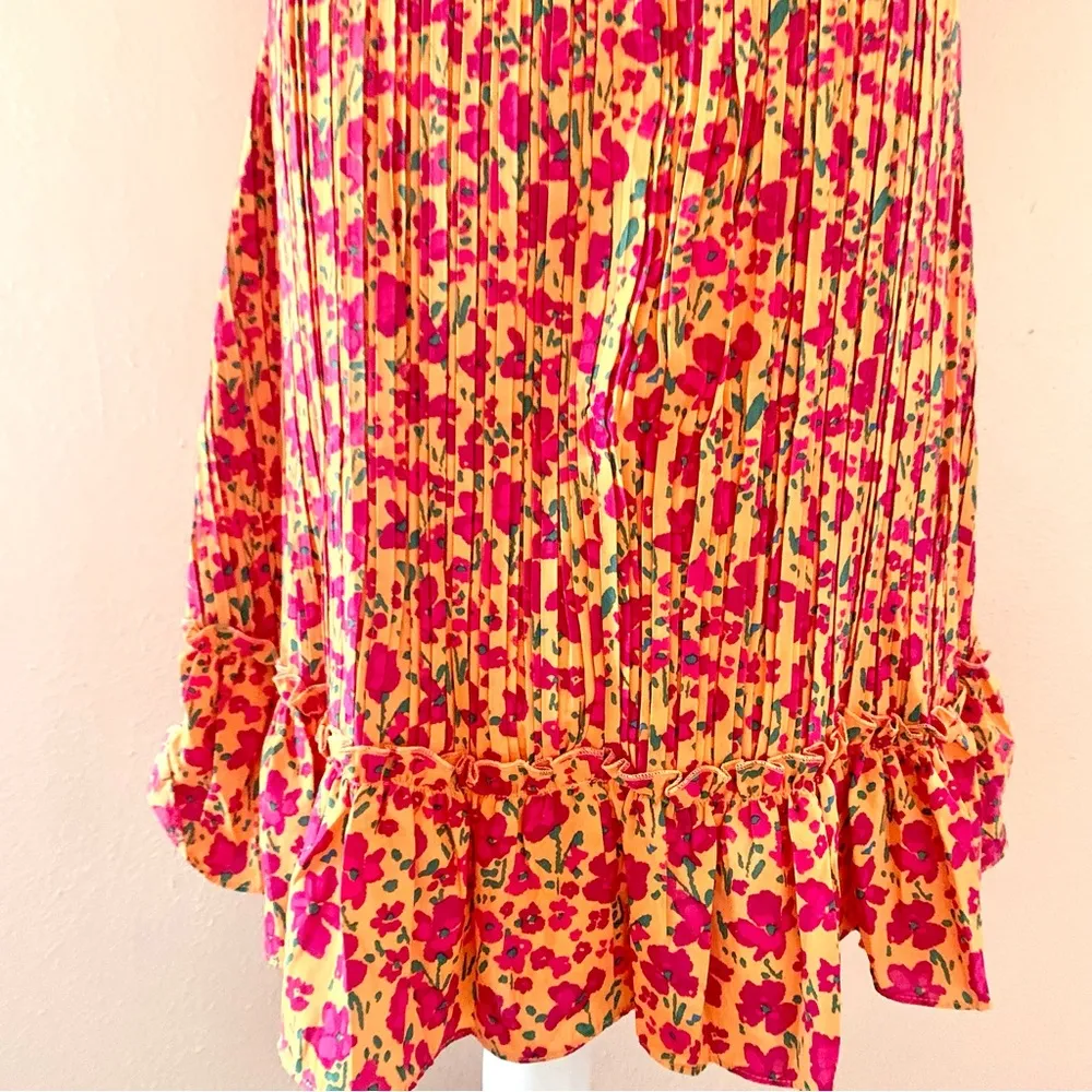 Ivy City Co Orange Pink Green Floral Print Pleated Dress - Image 5
