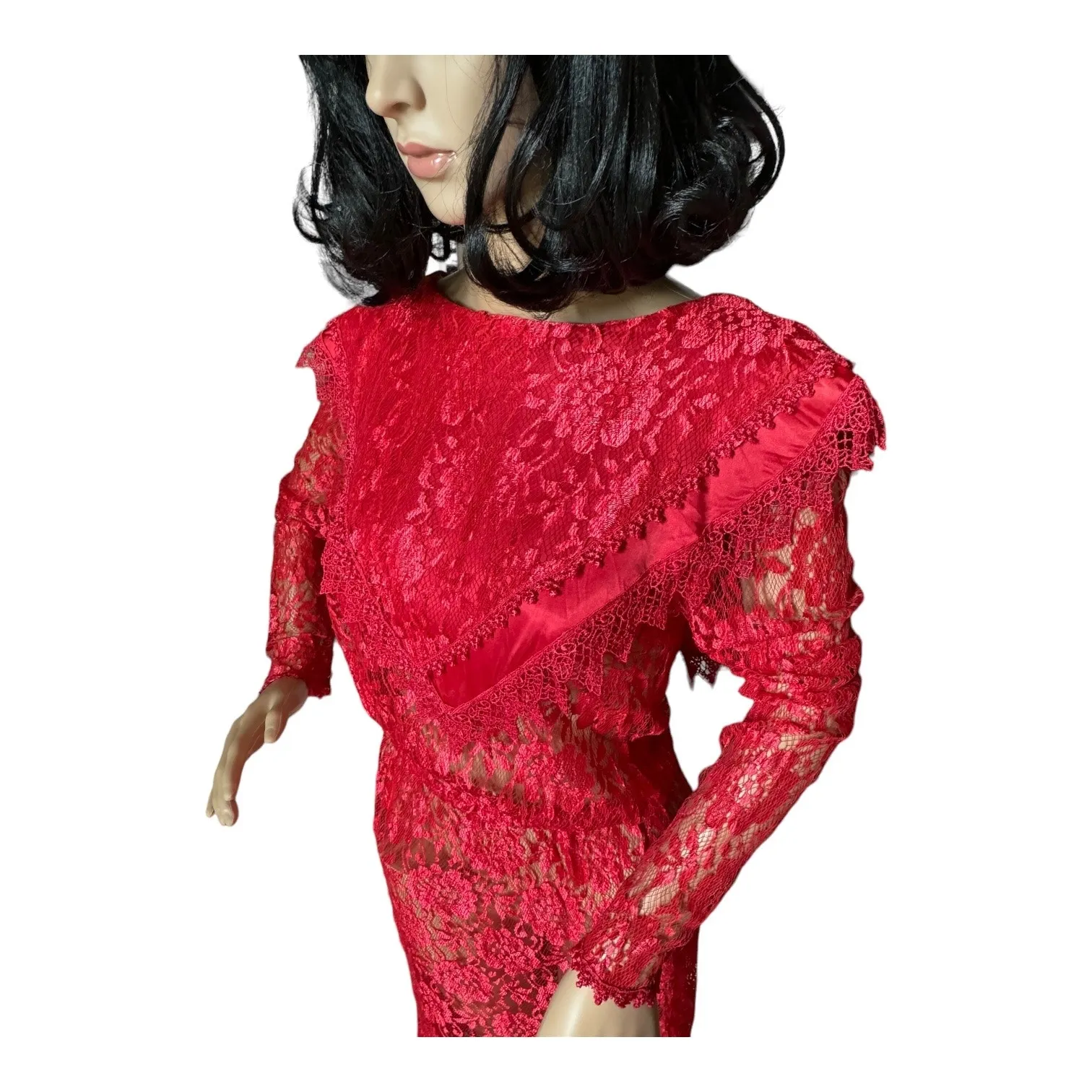 Vintage 1980s Red Lace Art Deco Revival Evening Gown Sheer Maxi Dress  
size XS-S - Image 15