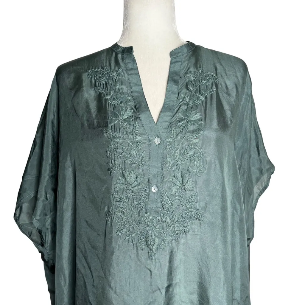 Oysho Silk Embroidered Kaftan Dress Size S Green V Neck Light Slightly Sheer NEW - Image 2
