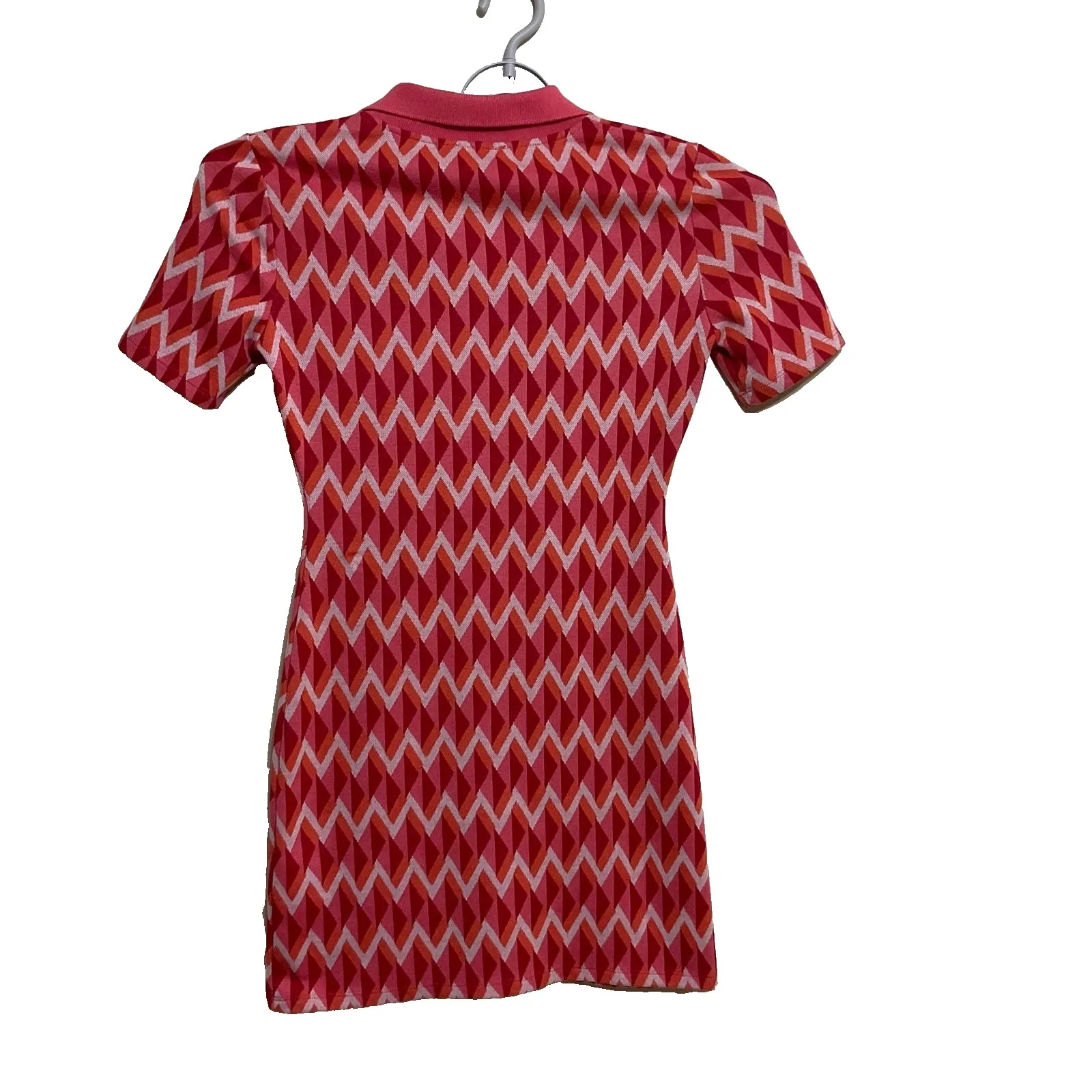 Zara Knit Jacquard Collar Polo Mini Geometric Print Red Pink women's‎ dress M - Image 12