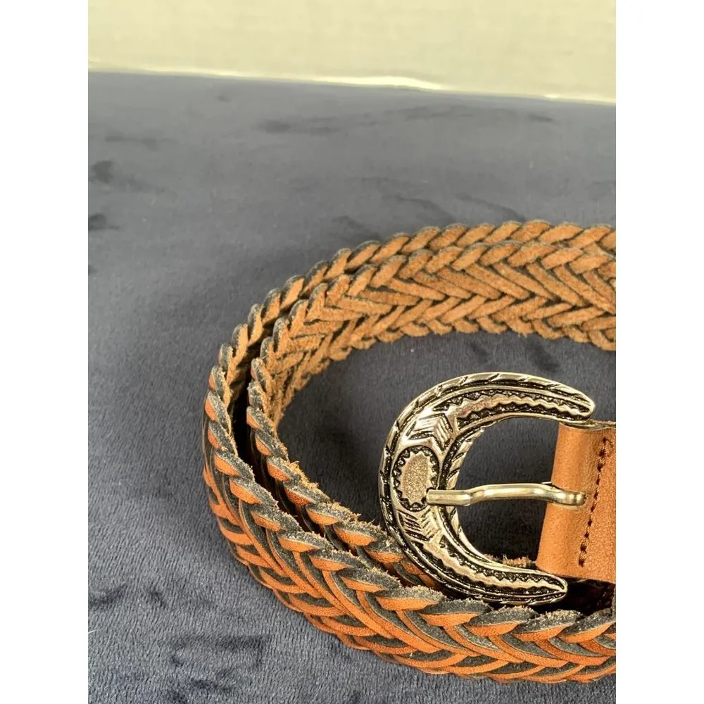 Vintage Womens Braided Belt Leather Brown Medium Solid Silver Tone Buckle Nice - Image 12