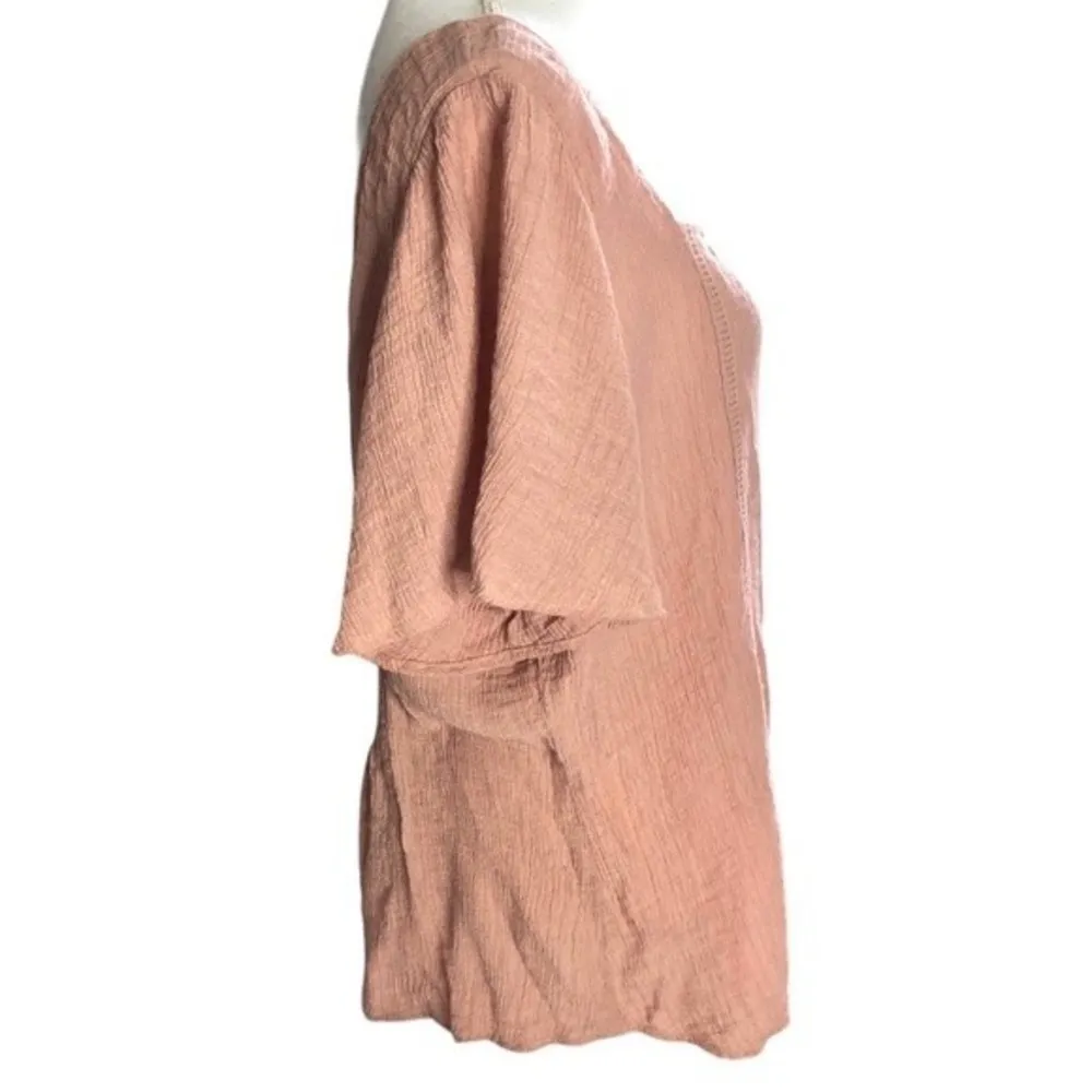 Flower & Feather Button Front Crinkled Short Sleeve Blouse Size XL - Image 74