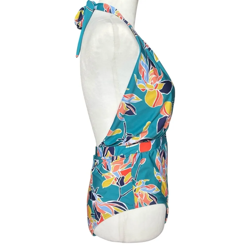 ModCloth Swimsuit Women’s Medium Teal Floral One Piece Bethany Halter Retro - Image 3
