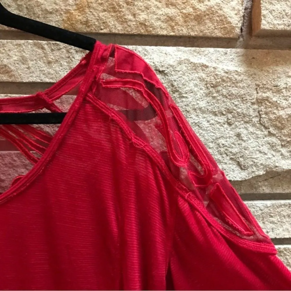 Free People Gatsby Top Embroidered Mesh Maroon Red Medium - Image 6