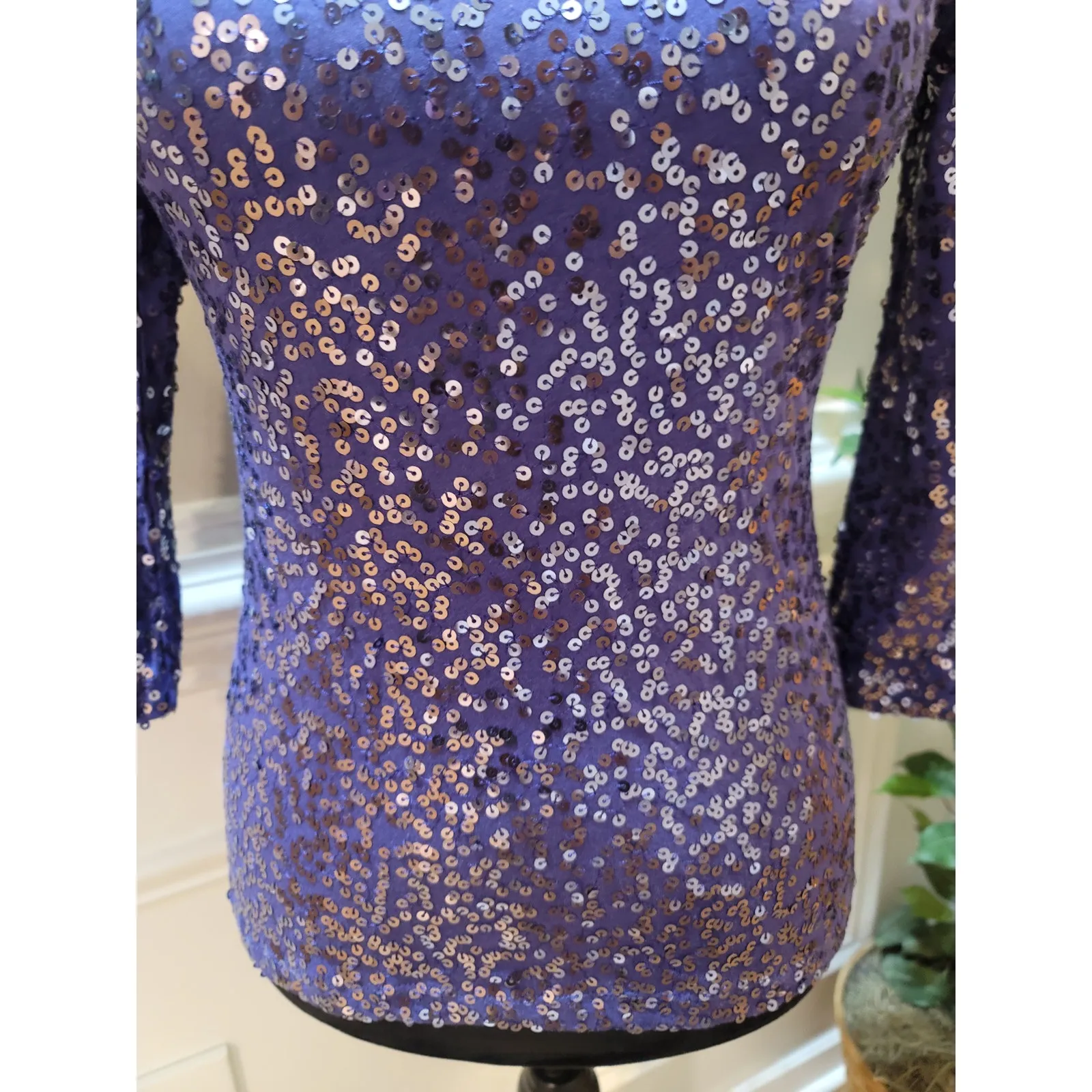 Calvin Klein Blouse Women’s Size Small Purple Sequin Crew Neck 3/4 Sleeves - Image 4