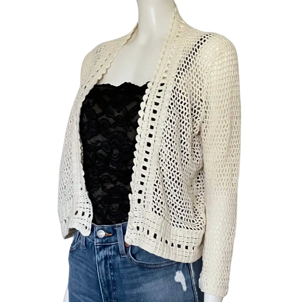 Vintage 90s Cream Crochet Shrug Cardigan. S/M Cottagecore Boho Off White Coastal - Image 2