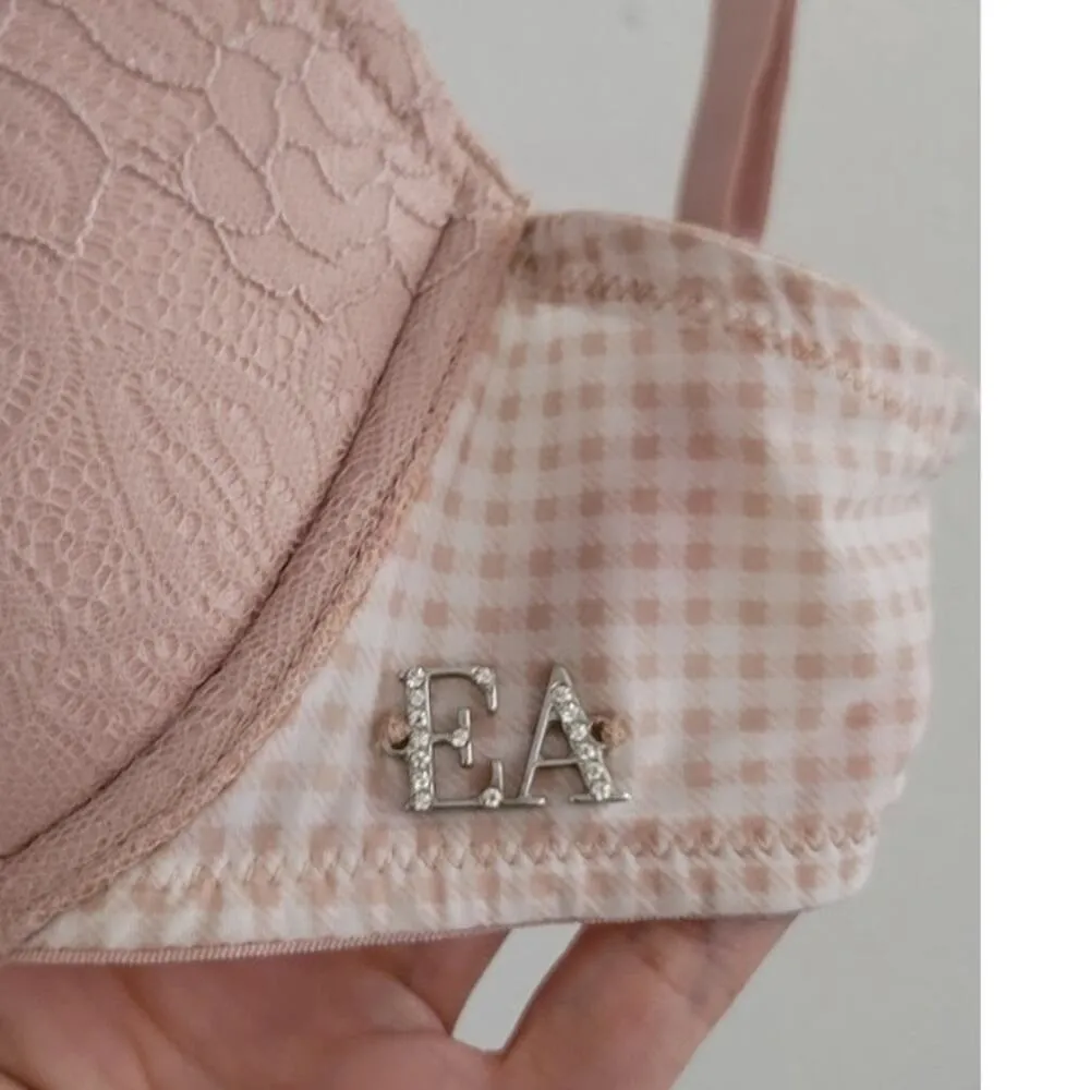 Emporio Armani Padded Push-Up Floral Lace Gingham Bra Tan 34B - Image 7