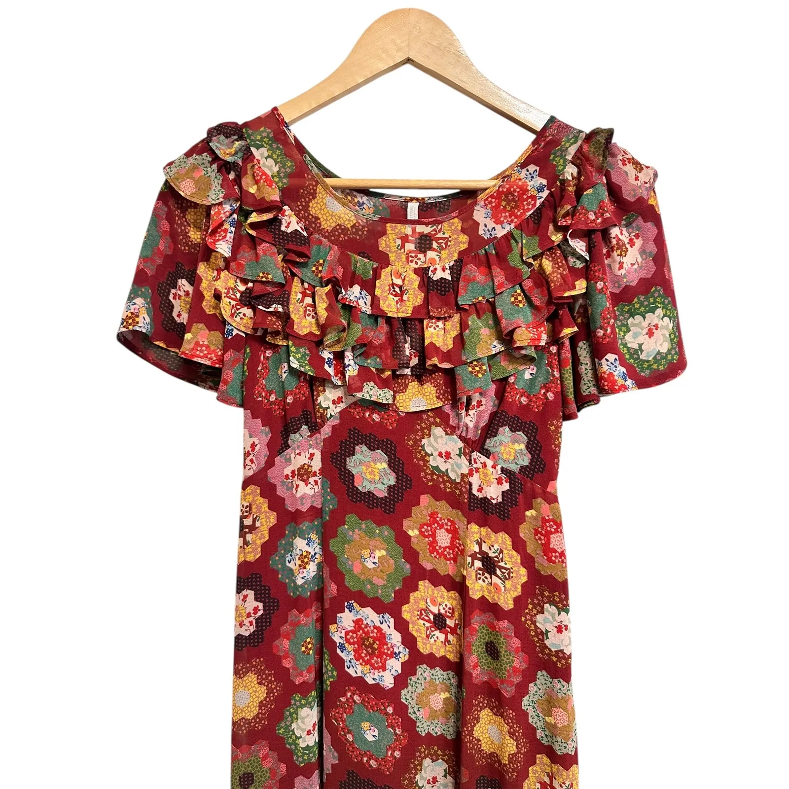 Urban‎ Outfitters patchwork quilt print Ruffle Trim red multicolor maxi dress XS - Image 3