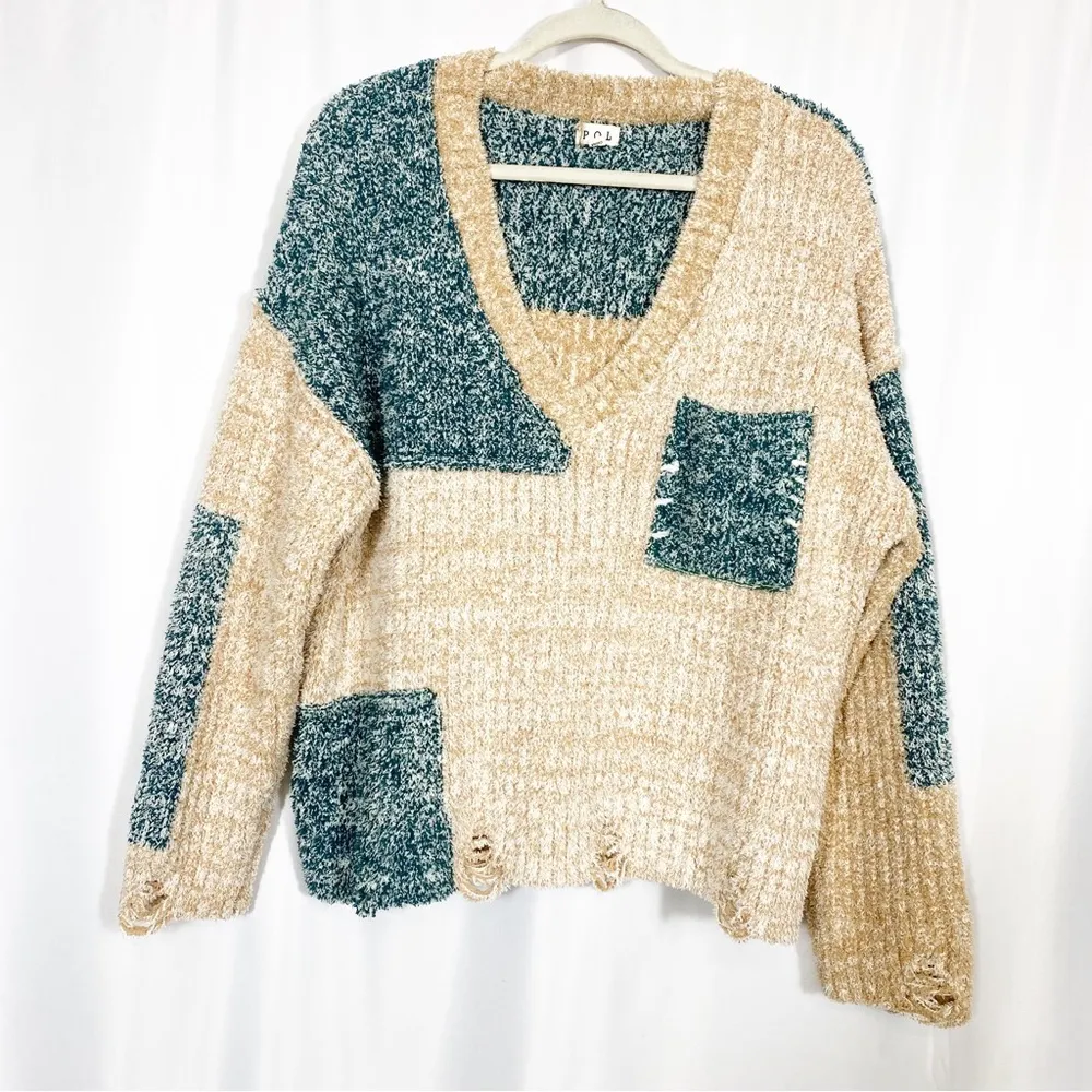 POL Camille V Neck Patchwork Colorblock Distressed Ribbed Cozy Sweater Green Tan - Image 2
