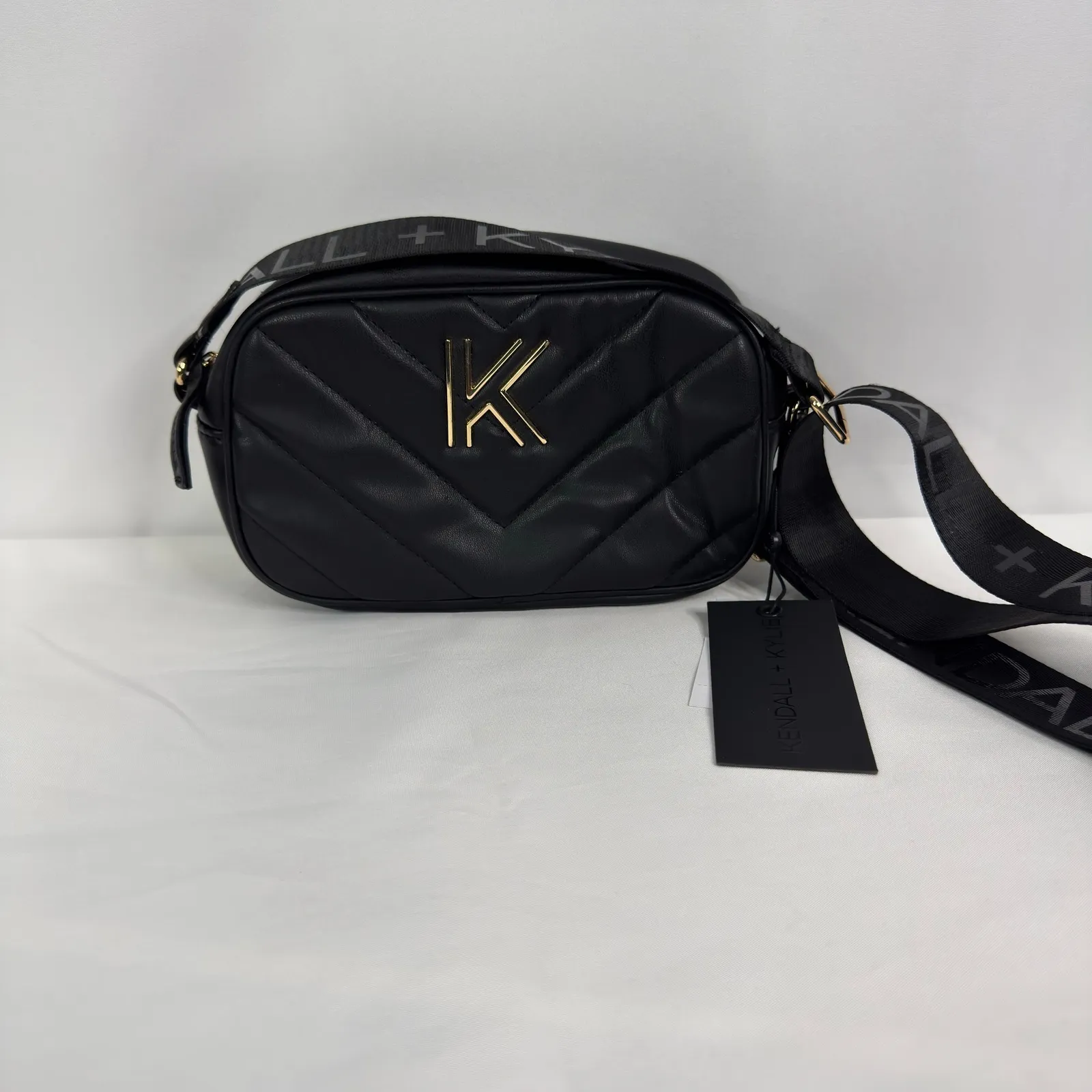 Kendall + Kylie Black Quilted Chevron Camera Crossbody Bag Gold K Logo Strap NWT - Image 11