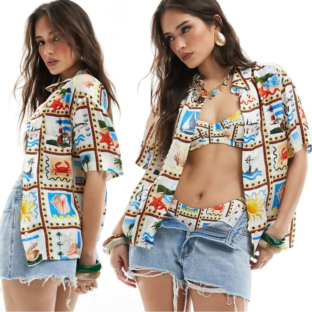 WeWoreWhat XL Art to Wear Coastal Beach Scene Souvenir Oversized Silky Dad Shirt - Image 2