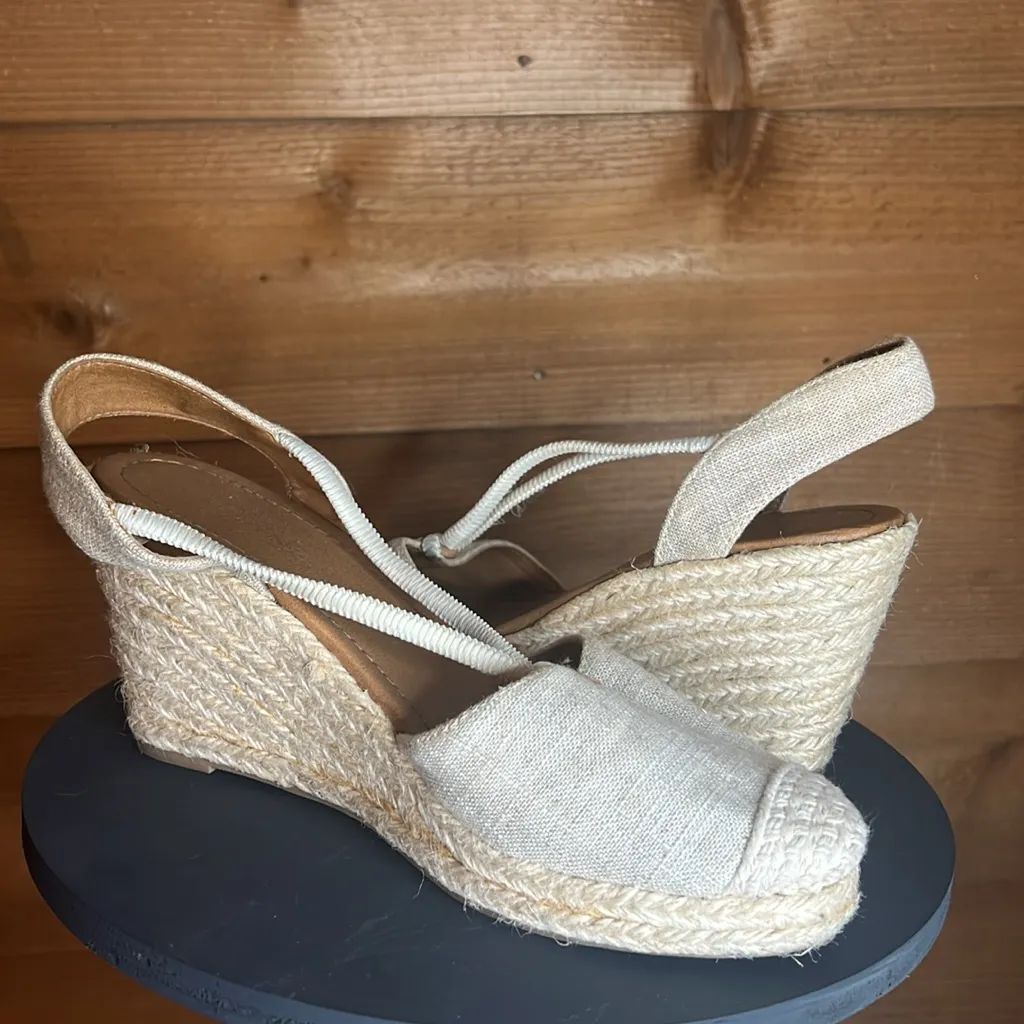 Solanz Rebekah Linen Cream Tan Wedge Espadrille Strappy Close Round Toe Heel Size 9 - Image 4