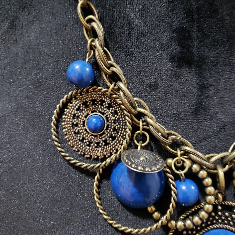 Womens Fashion Indigo Blue Antiqued Brass Chunky Charm Necklace w/ Lobster Clasp - Image 7