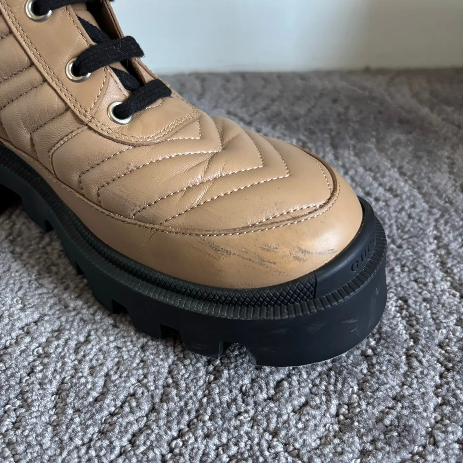 Gucci Frances GG Combat Boots Lug Sole Matelasse Quilted Leather Tan Size EU 37 - Image 14