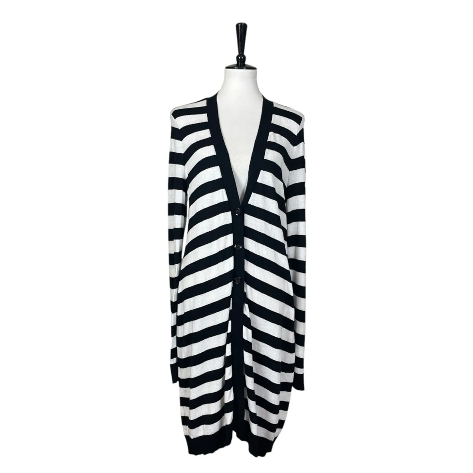 Soma Sweater Long Cardigan Button Front V-neck Black White Stripes Women’s Large - Image 5