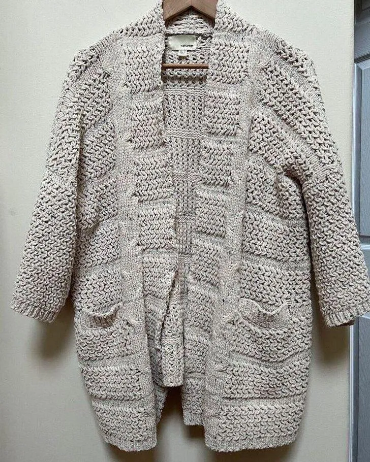 The Korner Open Knit Open Front Pockets Oversized Soft Longline Cardigan Size XS Tan - Image 1