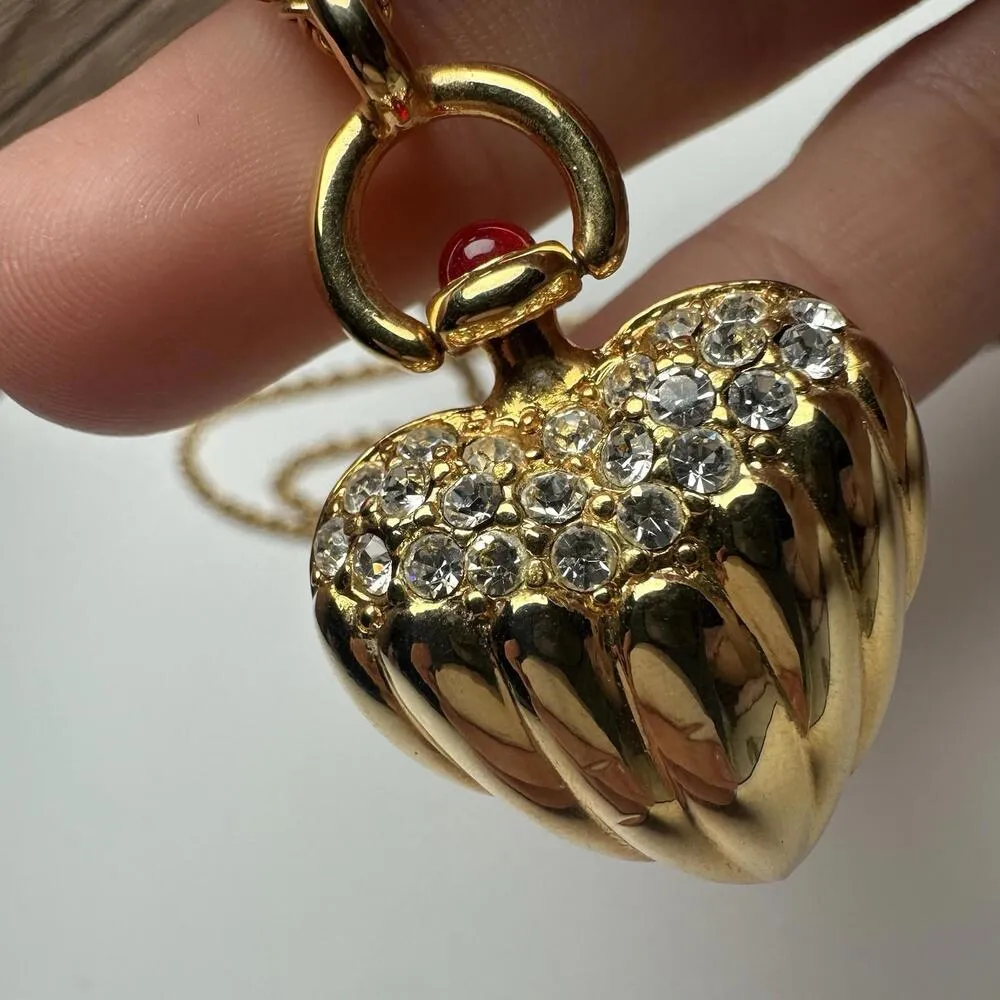Joan Rivers Rubbed Puffy Heart Rhinestone Pendant Gold Tone Chain Necklace - Image 11