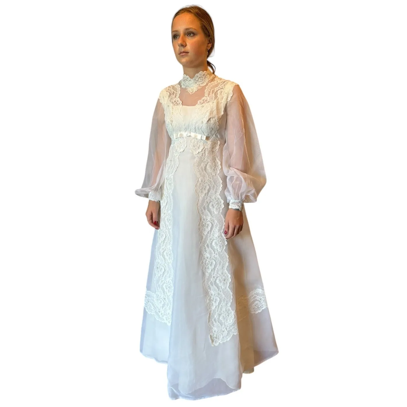 Vintage 1970s Sheer Lace High Neck Bridal Wedding Gown with Bow Detail XS White - Image 9