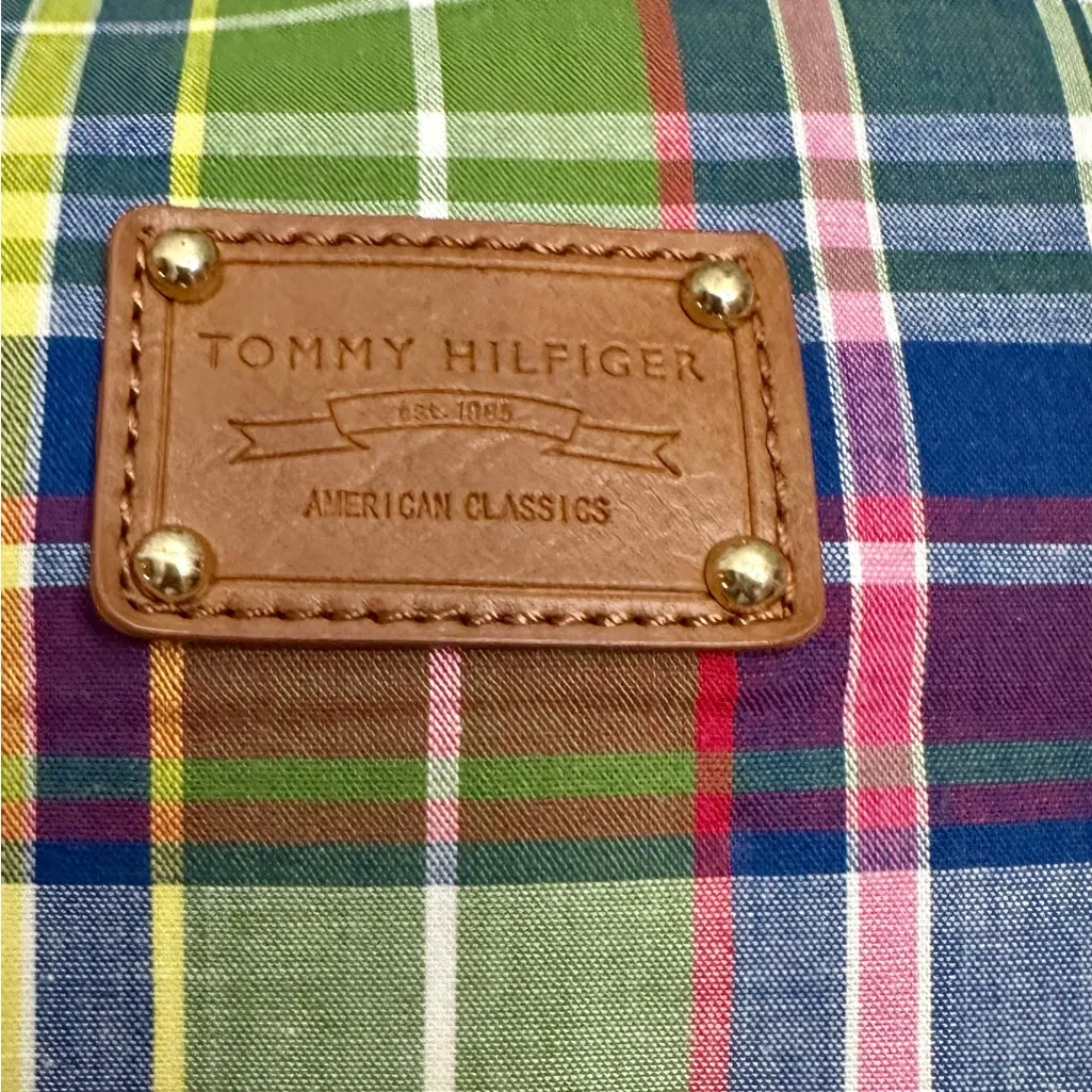 Tommy Hilfiger Green Blue Plaid Tote Preppy Nautical Checked Classic Belt Detail - Image 5