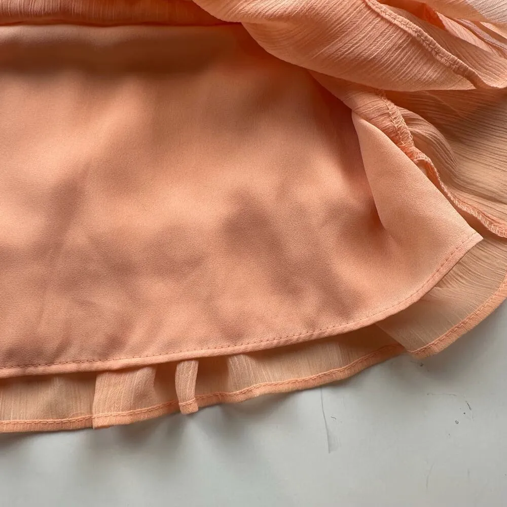 Express Peach Smocked Tiered Mock Neck Dress Ruffle Sleeveless Chiffon Small - Image 9