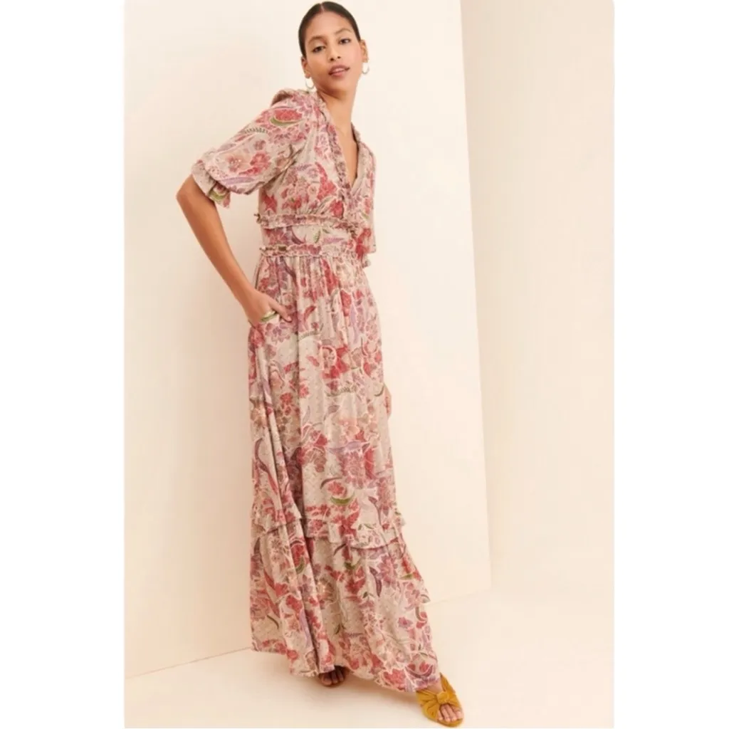 Anthropologie  BTFL-Life Ruffled Floral Maxi Dress Size Large Bohemian Neutral - Image 6