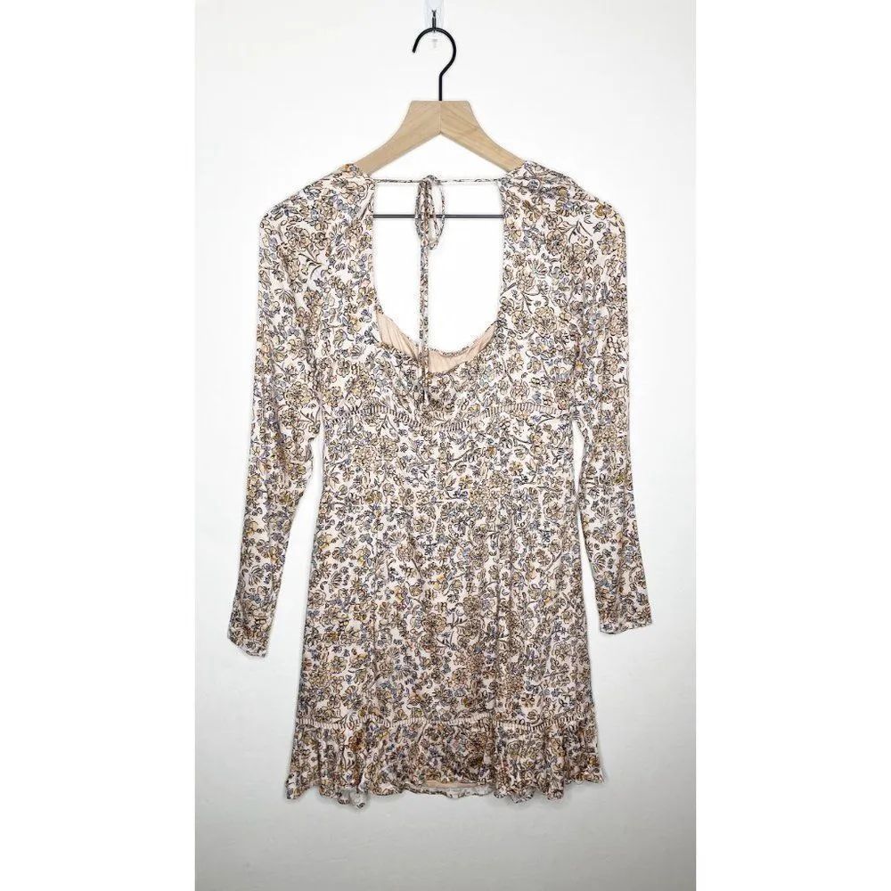 Free People Boheme Floral Mini Dress Square Neck Long Sleeve Pink Cream Size 6 - Image 5