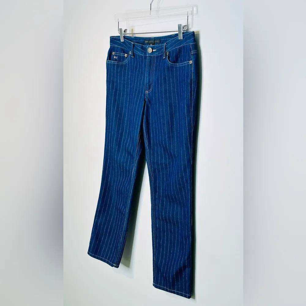Marc By Marc Jacobs Metallic Lurex Pinstripe Blue Lame Straight Leg Jeans Sz 30 - Image 4
