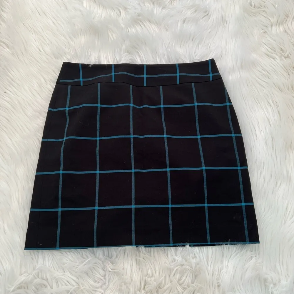 Loft A-Line Shift Skirt Black Teal Window Pane Plaid - Image 2