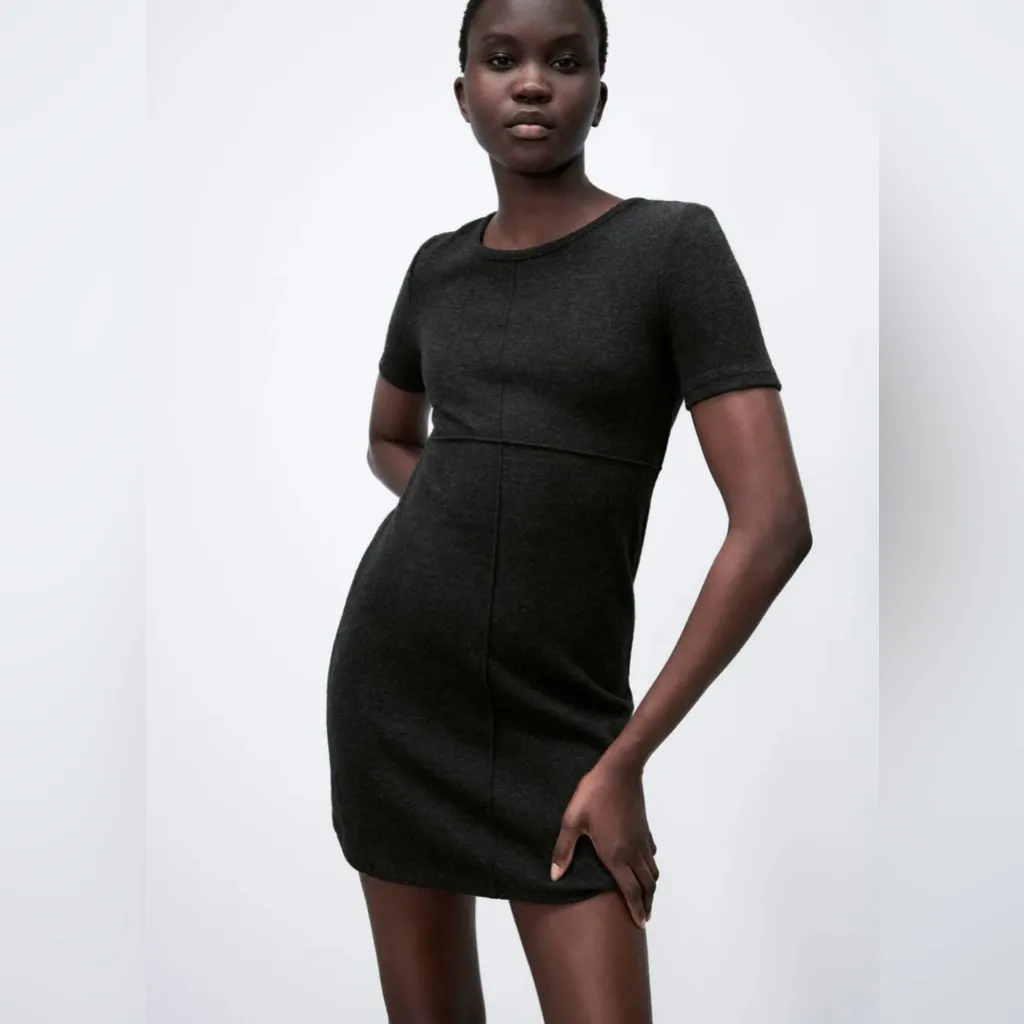 ZARA Dark Gray Short Sleeve Crewneck Cotton Blend Soft Mini Dress‎ Size Small - Image 7
