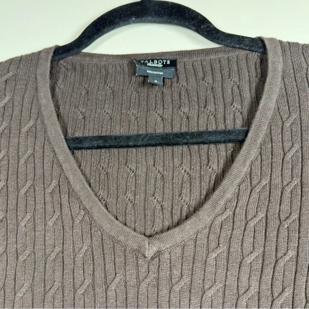 Sweater Y2K Era Brown V-Neck Women’s Cable Knit Fitted 2000s Talbots Pima Cotton - Image 3
