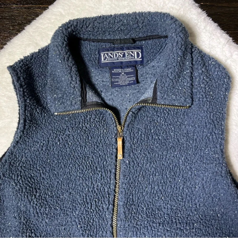 Land’s End Vintage Dark Blue Sherpa Teddy Fleece Full Zip Vest - Image 2