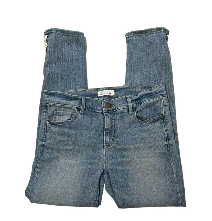 Loft Skinny Crop Light Wash Nautical Lace Up Hem Stretch Mid Rise Jeans, Sz 4 - Image 7