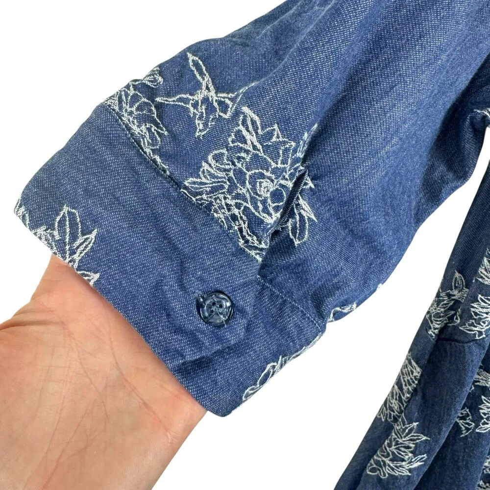 Nina Leonard Floral Embroidered Cuffed Sleeve Half Button Up Cotton Dress Sz 14 - Image 4