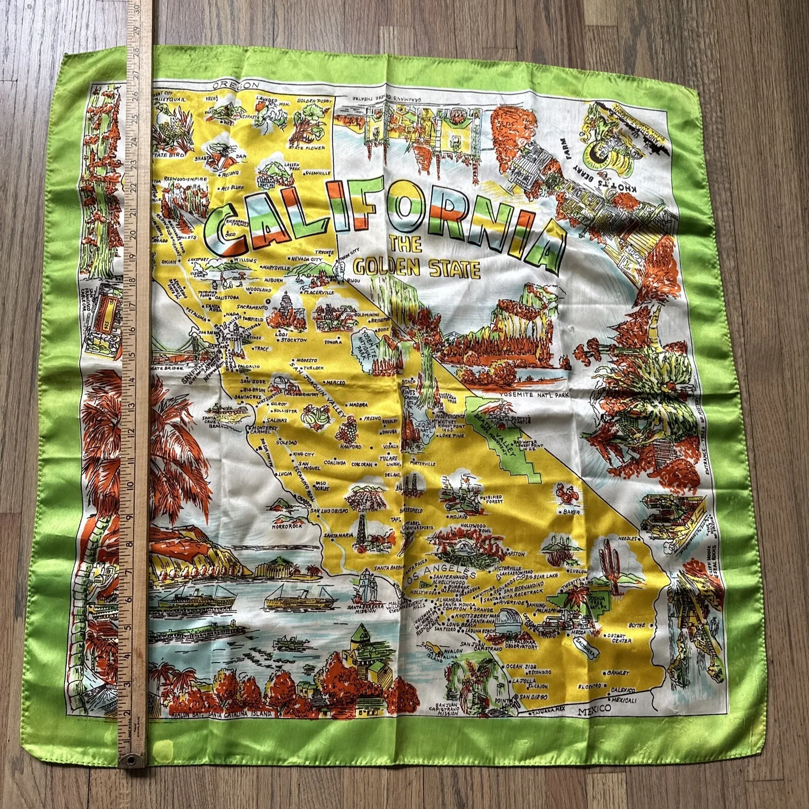 Vintage California Map Silk Scarf Tourist Landmarks Souvenir 28x28 Hand Rolled - Image 7