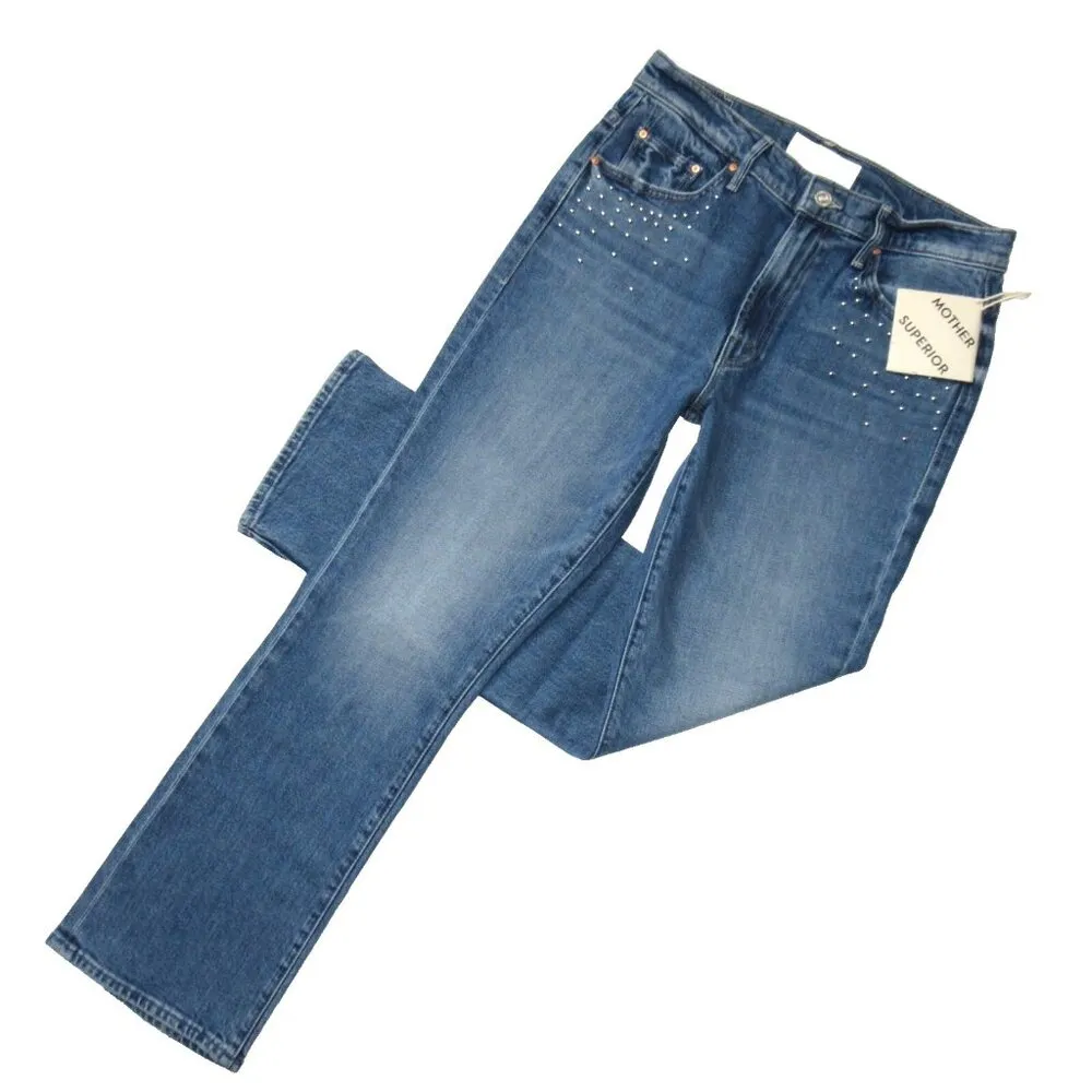 NWT Mother The Insider Flood in Metal Magic Studded Ankle Crop Bootcut Jeans 30 Blue - Image 5