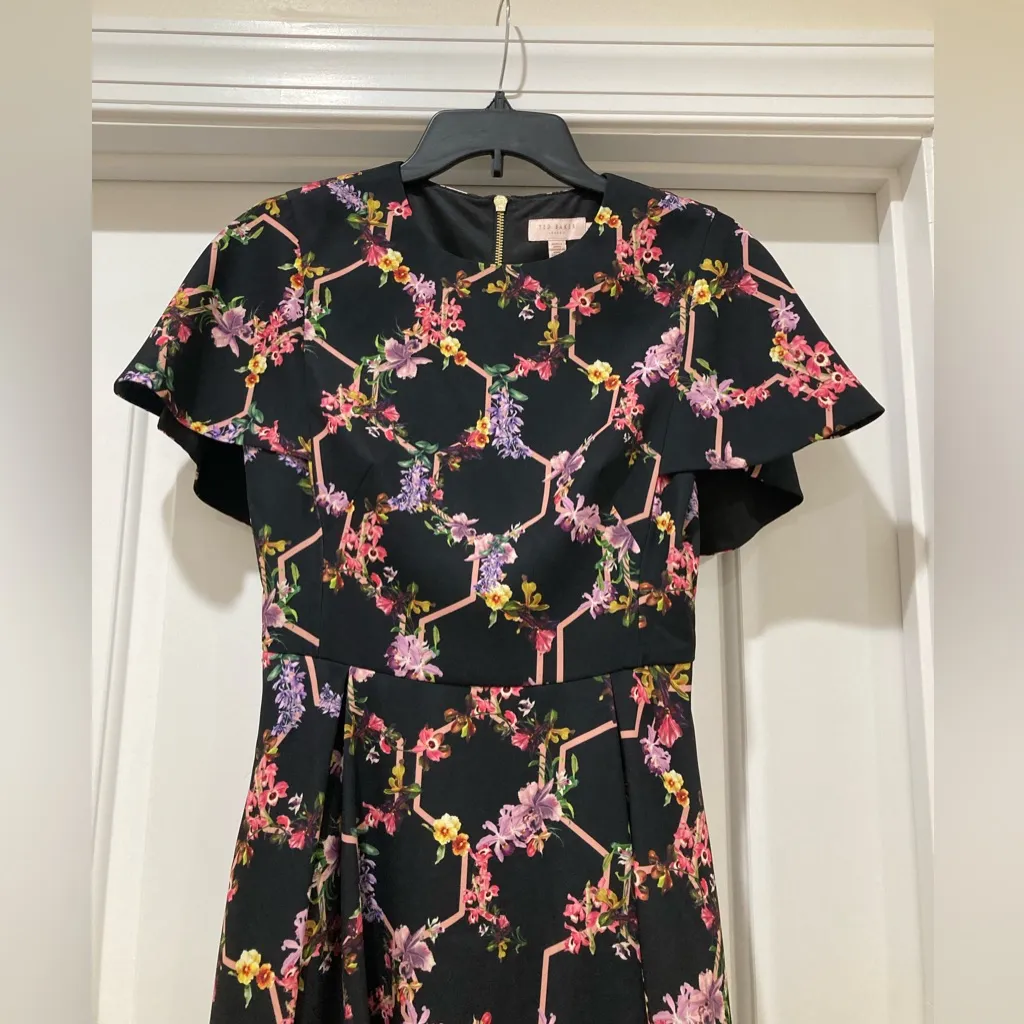 Ted Baker Black Dress with Pink Floral Design Uk 1 (US 4) - Image 4