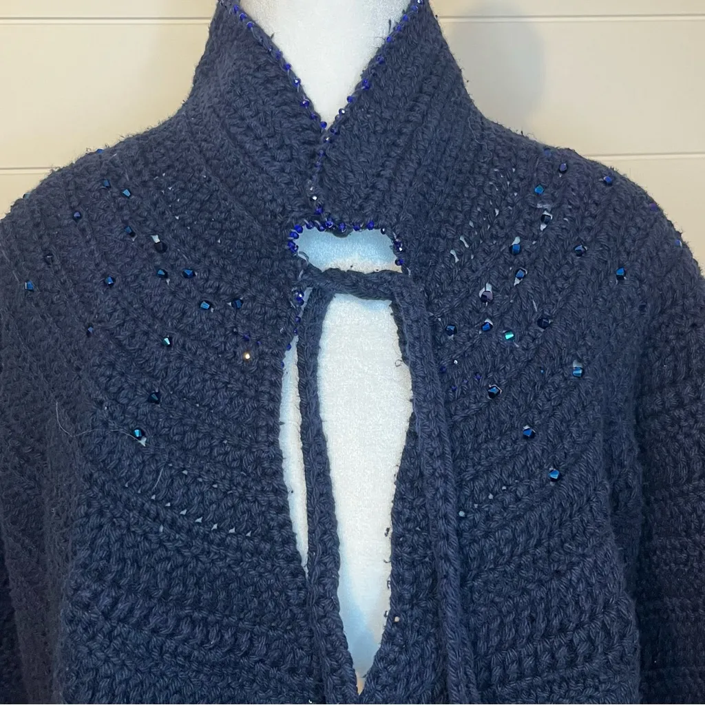 Handmade Blue Knit Open Front Crocheted Shawl Poncho with Rhinestones Collared Size undefined - Image 4
