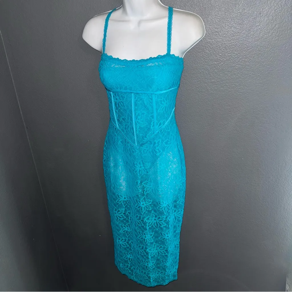 Meshki New w Tags Mathilde Lace Corset Aquamarine Blue Formal Midi Dress XS - Image 8
