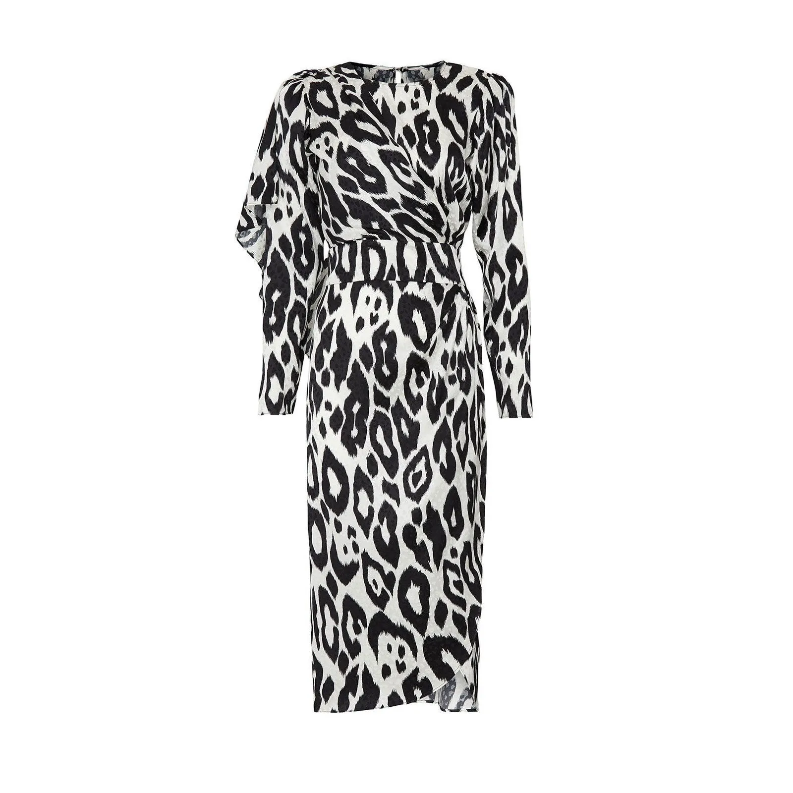 Ronny Kobo Jade Black White Animal Print Long Sleeve Asymmetric Silk Midi Dress Size L - Image 3