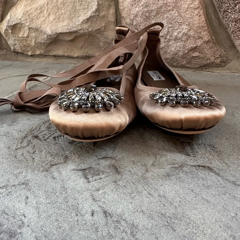 Authentic Jimmy Choo Beige & Crystal Grace Ballet Flat Lace Around Ankle - Image 3