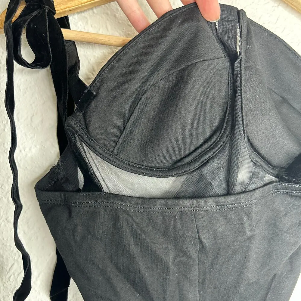 Commense Sheer Mesh Panel Velvet Bow Strap Cropped Blouse S NWT - Image 10