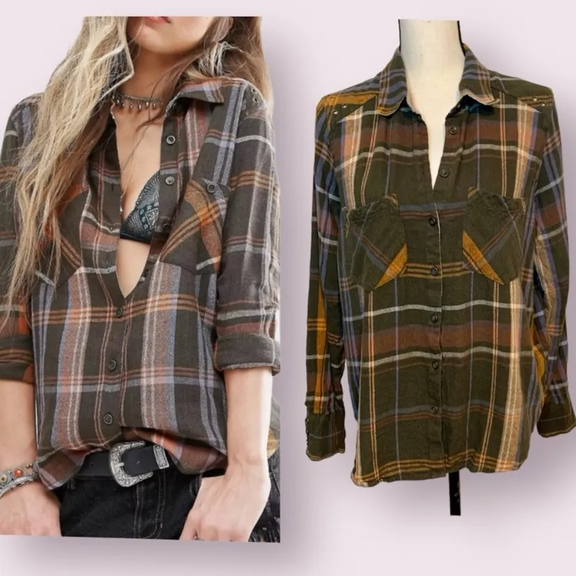 Free People Wesley Plaid Button-down Shirt. Size S - Image 2