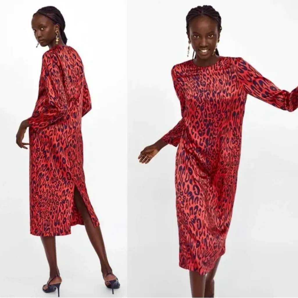 Zara Woman Red Leopard Print Midi Dress Animal Print Long Sleeve XL - Image 3