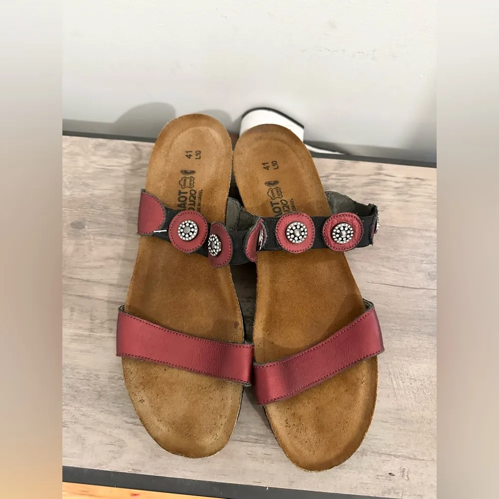 Naot Marissa Slides Sandals Flame Red Maroon Shimmer Leather Womens 41/10 - Image 2