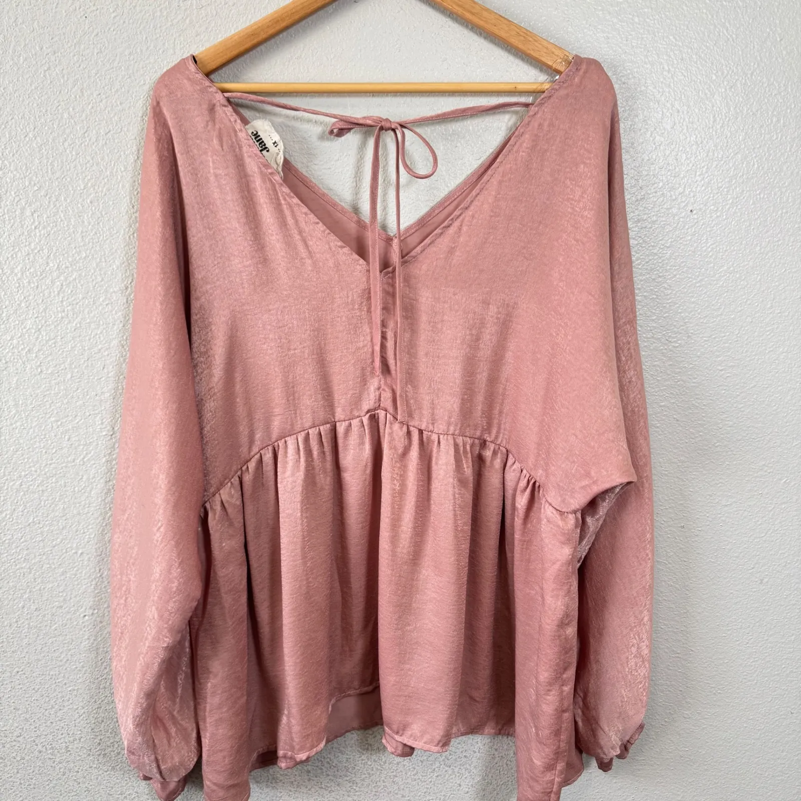 Savanna Jane Pink Satin V Neck Babydoll Long‎ Sleeve Peplum Top 1X - Image 7