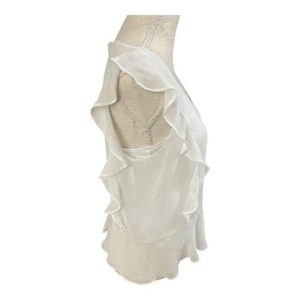 Liz Claiborne Women Silky White Ruffle Sheer Lined Blouse Size M Short Sleeve - Image 5
