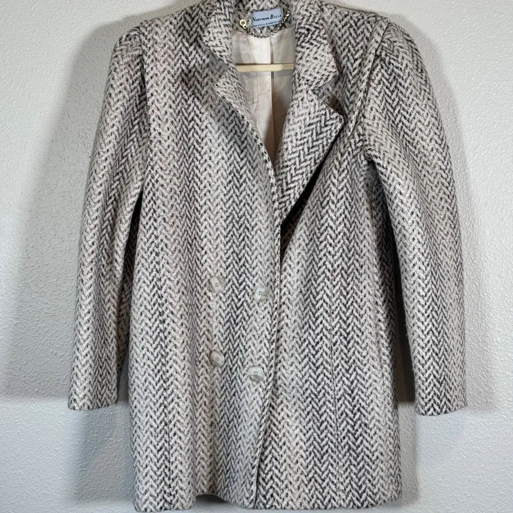 Vintage 1970s Grey Herringbone Double Breasted Pea Coat Womens 6 Union Made USA Gray - Image 9